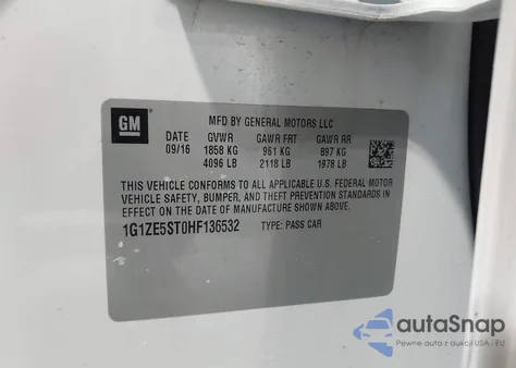 2017 Chevrolet Malibu 1Lt z USA, uszkodzony, nr VIN 1G1ZE5ST0HF136532